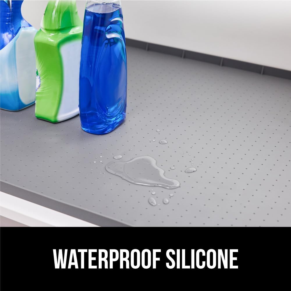 GORILLA GRIP Waterproof Silicone Under Sink Mat with Raised Lip for Kitchen and Bathroom, Cabinet Shelf Liner Stay in Place Mats Dishwasher Safe Drawer Liner, Organizer Tray, 19 x 22 in, Gray