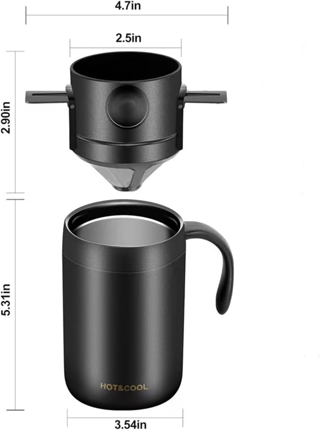 Portable 16oz Pour Over Coffee Maker with Foldable Filter & Stirrer – Insulated Stainless Steel Travel Cup with Lid – No Paper Filter Needed, BPA-Free, Black – For Home, Office, Camping, Backpacking