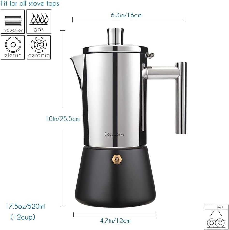 Easyworkz Diego Stovetop Espresso Maker Stainless Steel Italian Coffee Machine Maker 12Cup 17.5 oz Induction Moka Pot