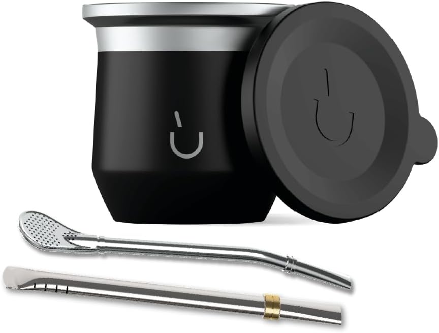 BALIBETOV Yerba Mate Cup – Vacuum Insulated Stainless Steel Gourd with Silicone Cover & Non-Slip Base – Includes 2 Bombillas & Cleaning Brush – Unique Design, Easy to Clean