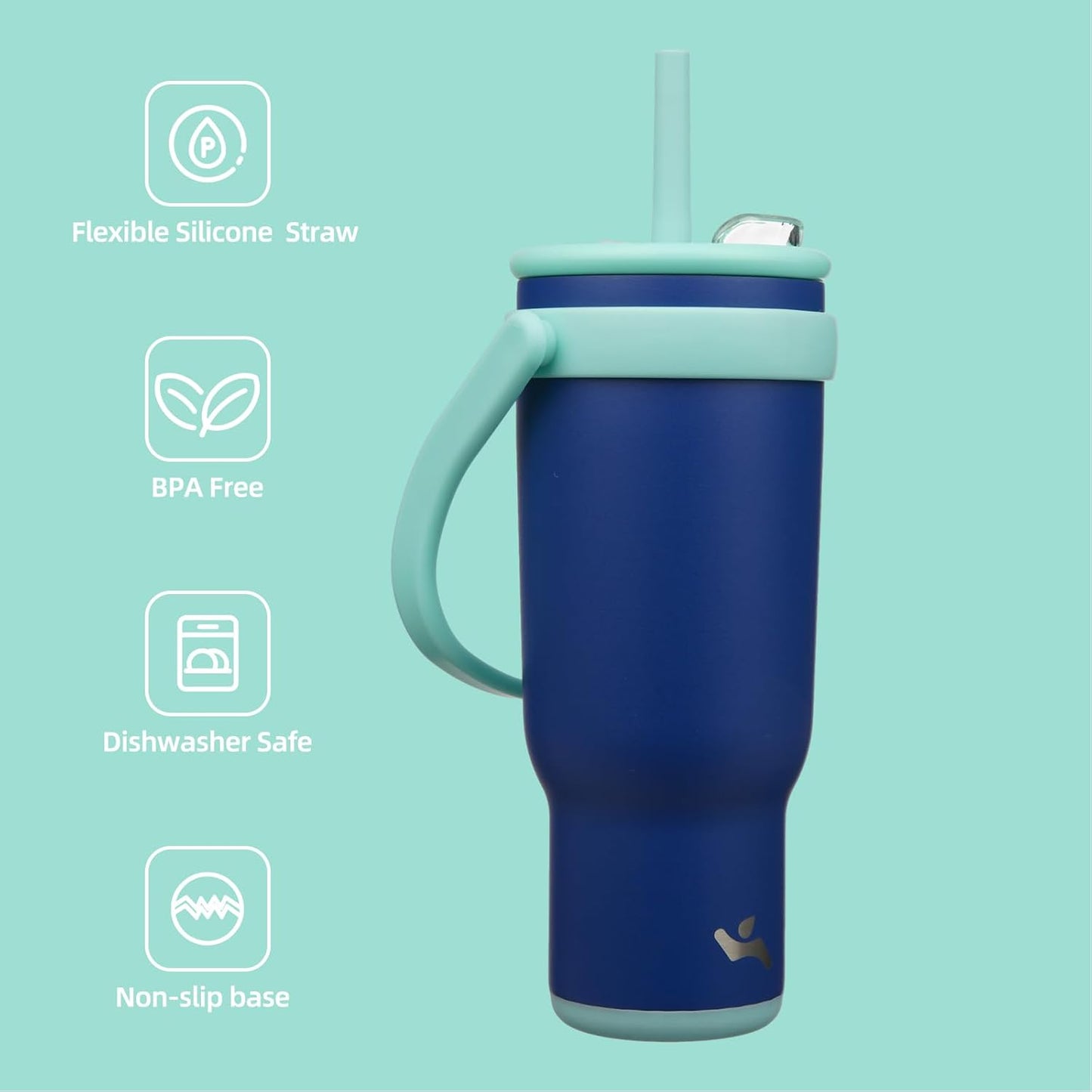40 oz Tumbler with Side Handle, Insulated Water Bottle with Straw and 2 in 1 Lid, Stainless Steel Cup Travel Coffee Mug for Sports Office Gym,Dark Blue
