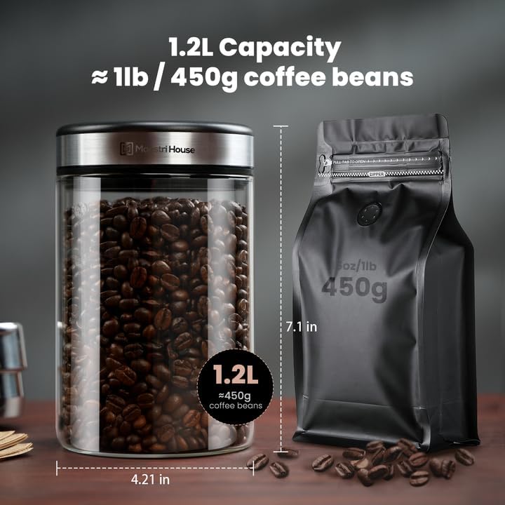 Maestri House Vacuum Coffee Canister with Spoon, 40 OZ AirTight Glass Coffee Bean Storage Container, Food Storage Jar, for 1 lb Beans, Grounds Coffee, Tea, Flour, Cereal, Sugar (Silver)