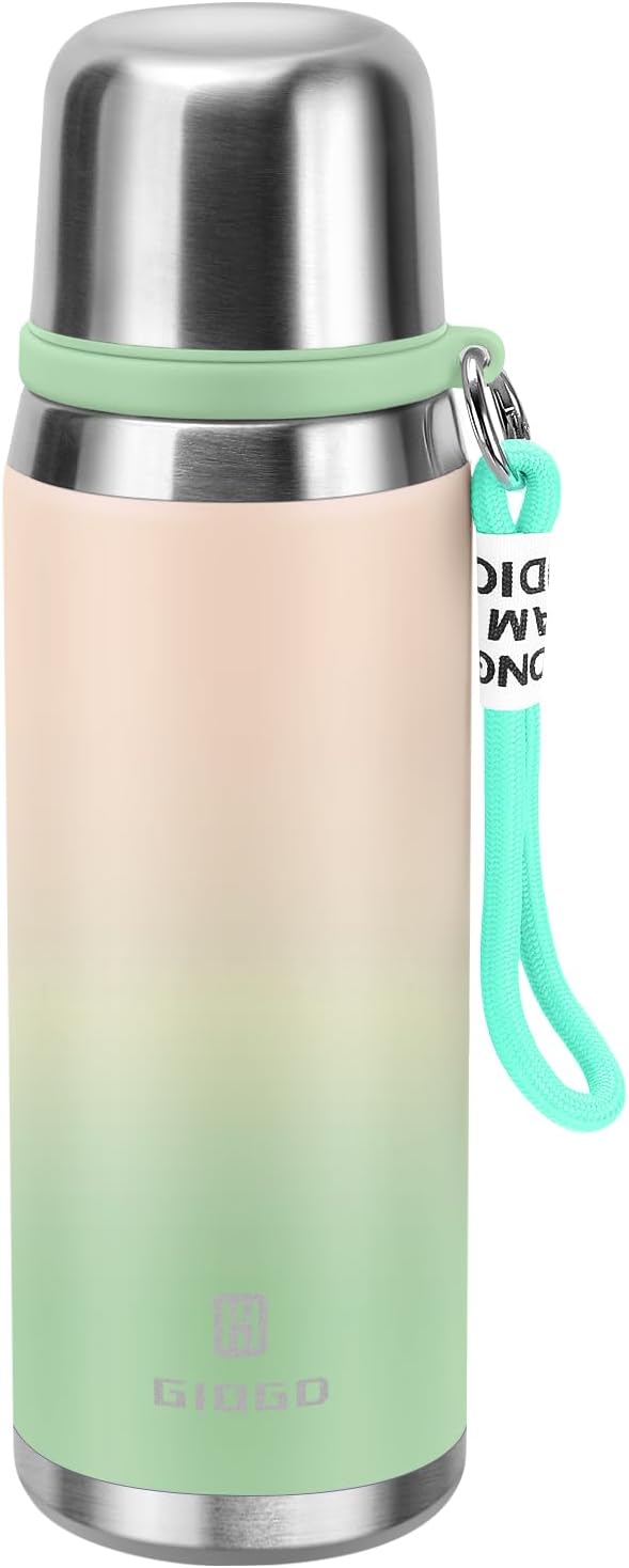 Stainless Steel thermo Bottles with cup 700ml/23.7oz Vacuum Insulated Bottle for hot and cold coffee drink water thermo flask with cup.(Gradient Green,700ml)