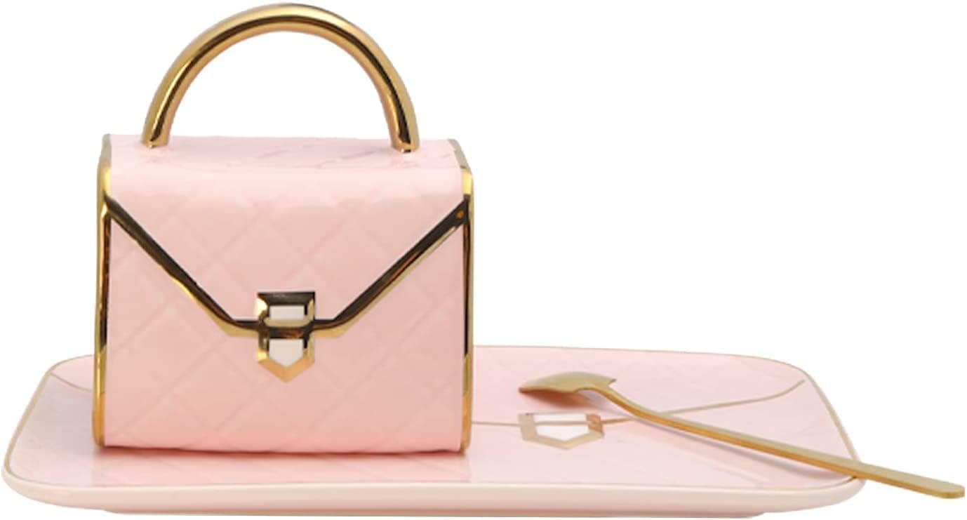 YnsfreeCeramic Purse Coffee Mugs Set Tea Cup Unique Bag shaped mug and Saucer Set with Spoon and Saucer For Women Thanksgiving Christmas Gifts (Pink)