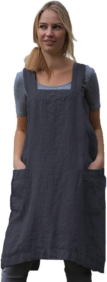 Women's Pinafore Square Apron Baking Cooking Gardening Works Cross Back Cotton/Linen Blend Dress with 2 Pockets