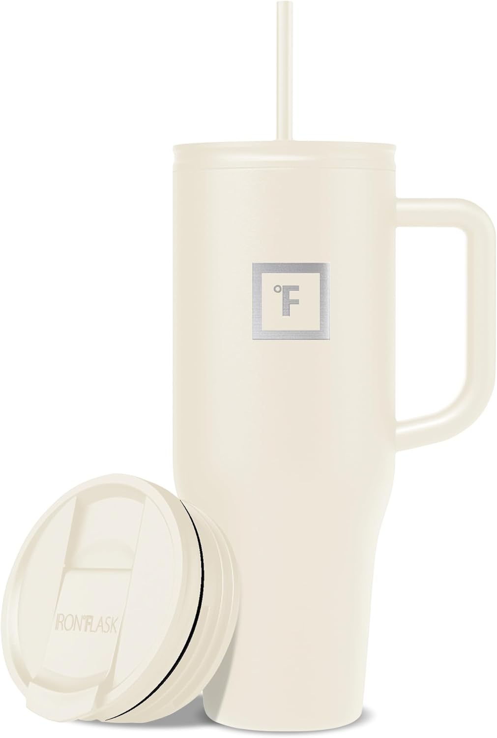 IRON °FLASK Co-Pilot Insulated Mug w/Straw & Flip Cap Lids - Cup Holder Bottle for Hot, Cold Drink - Leak-Proof - Water, Coffee Portable Travel Mug - Cashmere Cream, 40 Oz