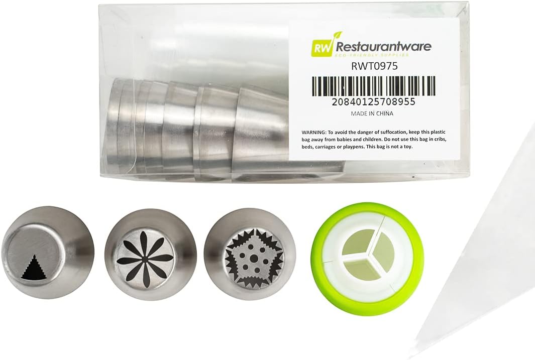 Restaurantware Pastry Tek Russian Piping Tips Set 23 Piece Durable Cake Decorating Kit - 12 Piping Tips 10 Piping Bags Stainless Steel Piping Bags And Tips Set 1 Tri-Color Coupler