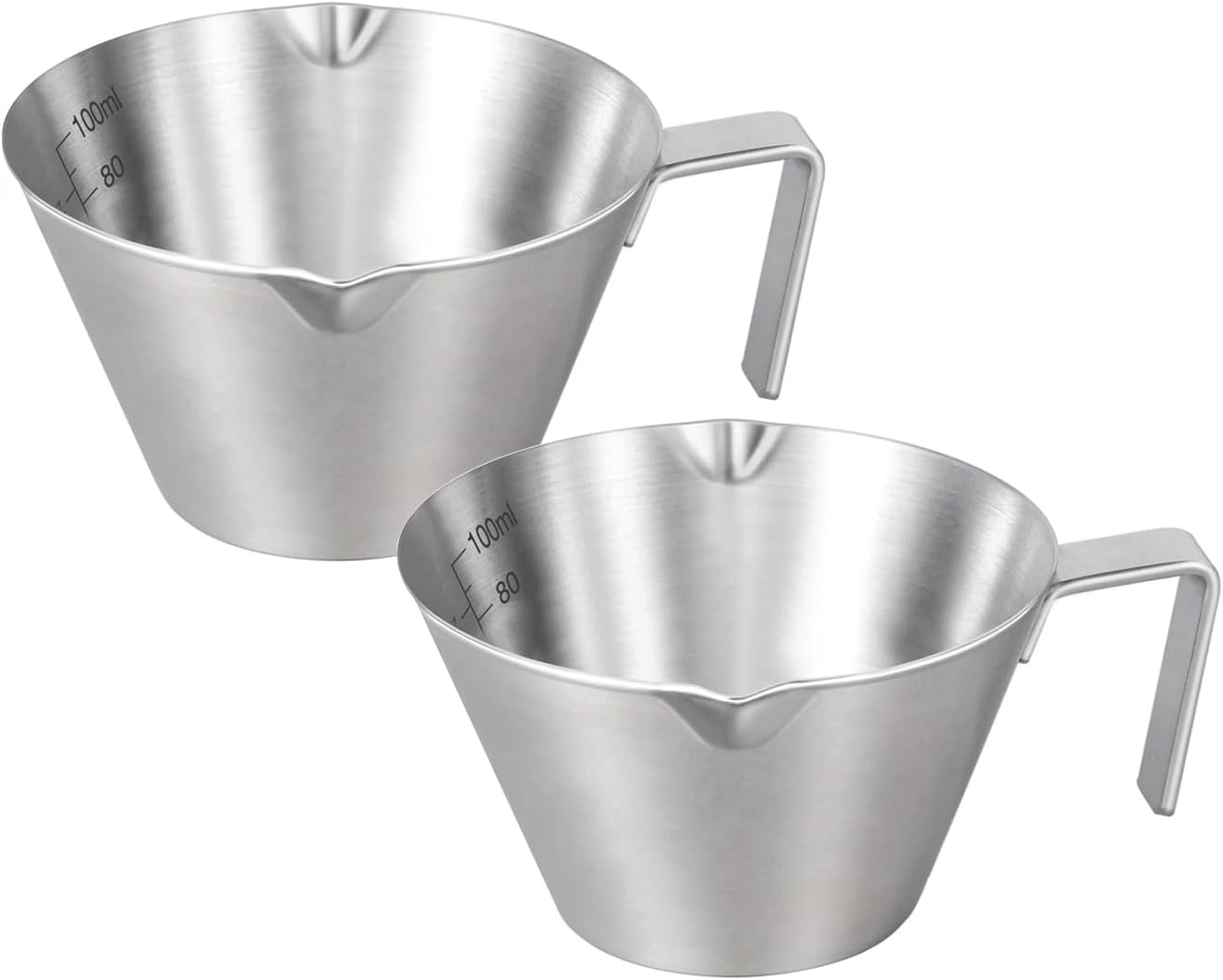 YARRAMATE 2 Pcs Espresso Cups with Handle, Stainless Steel Espresso Accessories, Double Spout Metal Measuring Cup with Dual Scale, Espresso Shot cup with V-Shaped Mouth, 3.4OZ/100ML(Silver)
