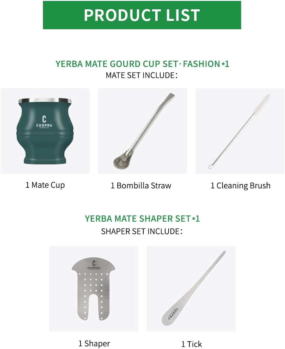 Yerba Mate Cup - Mate Gourd Set Includes Double Walled Stainless Steel Tea Cup, Tea Shaper set, Bombilla Straws, Cleaning Brush