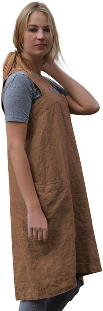 Women's Pinafore Square Apron Baking Cooking Gardening Works Cross Back Cotton/Linen Blend Dress with 2 Pockets