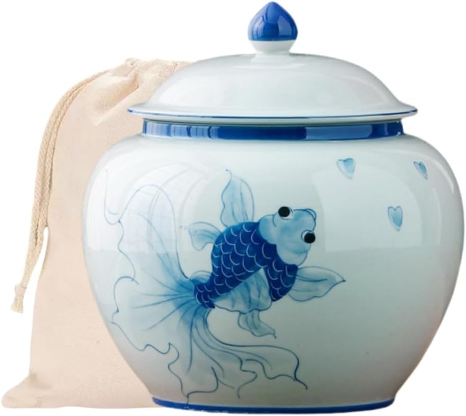 5 inches Ginger jar Lid - blue fish decorative Ceramic Ginger jar vase with Lid， chinoiserie gift koi decor small jars for Home decor/jewelry/Tea/coffee beans/Storage