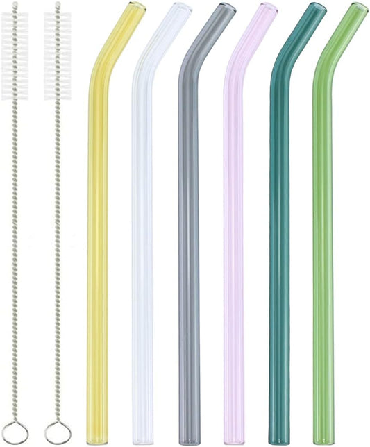 6 Reusable Colorful Curved Glass Straws, 8 Inches, Shatterproof and Heat-Resistant, Includes 2 Cleaning Brushes.