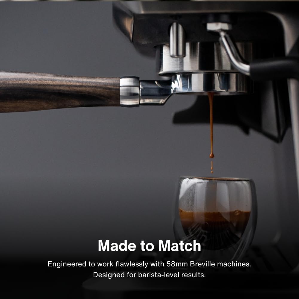 Crema Coffee Products 58mm Bottomless Naked Portafilter | Compatible with 54mm Breville Machines | Includes Double Shot Filter Basket | Matte Black