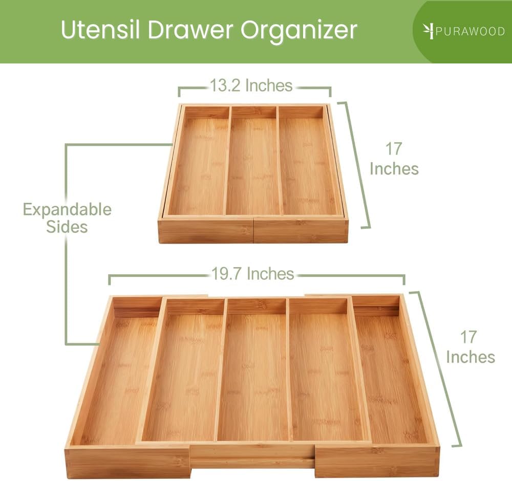 Purawood Kitchen Drawer Organizer, 2 Pack - Expandable Utensil Drawer Organizer for Kitchen, Cutlery Tray & Silverware Organizer, 3-5 Slots - Bamboo Organizer for Utensils & Flatware (Natural)