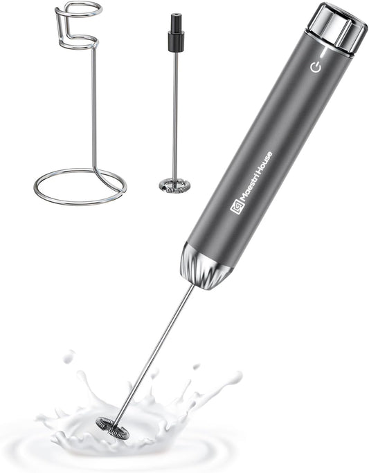 Maestri House Rechargeable Milk Frother with Stepless Speed Control, LunaFro Max Handheld Electric Foam Maker Waterproof Drink Mixer Foamer with Stand & Detachable Whisks for Lattes, Cappuccino