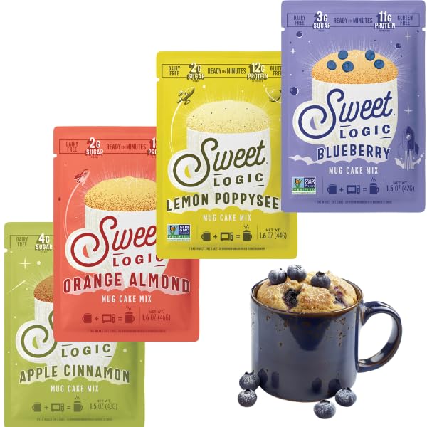Sweet Logic Keto Dessert Mug Cake Mixes - Breakfast Variety Pack - Blueberry, Apple Cinnamon, Lemon Poppyseed, & Orange Almond - Low Sugar - Low Carb - Gluten-Free - High Protein - All Natural (4 Pack)