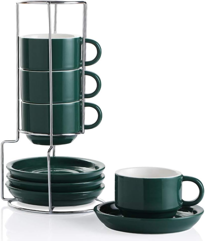 Sweejar Porcelain Espresso Cups with Saucers, 4 Ounce Stackable Cappuccino Cups with Metal Stand for Coffee Drinks, Latte, Tea - Set of 4 (Jade)