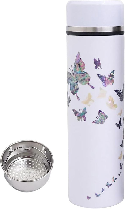Mother of Pearl Design Stainless Steel Water Bottle with Tea Infuser Strainer 17 oz Leakproof Screw Cap Wide Mouth Double Wall Vacuum Insulated Travel Sport Water Flask Thermo Mug (Butterfly White)