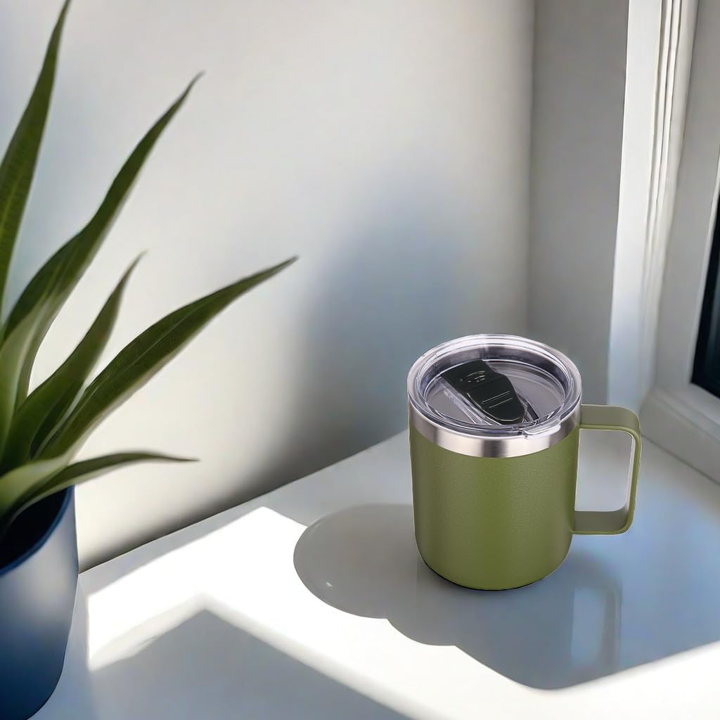 Volhoply 14oz Insulated Stainless Steel Coffee Mug with Lid Bulk 2 Pack,Double Wall Vacuum Travel Coffee Cup with Handle,Reusable Cups Tumbler,Camping Mugs Keep Hot,Ideal Gifts(Army Green,2)