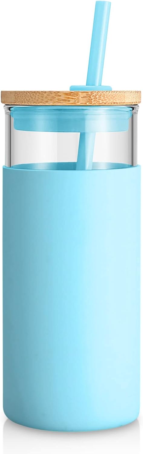 Tronco 20 oz Glass Tumbler with Lid and Straw, Reusable Iced Coffee Cup with Silicone Sleeve & Bamboo Lid, Smoothie Cup for Home,Office, for Father Men Day Gift from Wife Daughter Son (Cape Cod Blue)