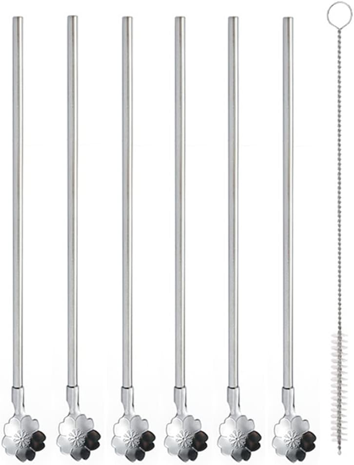 Reusable Stainless Steel Long Handle Straws Spoon, 6 Pieces 8.6", with 1 Cleaning Brushes (flower)