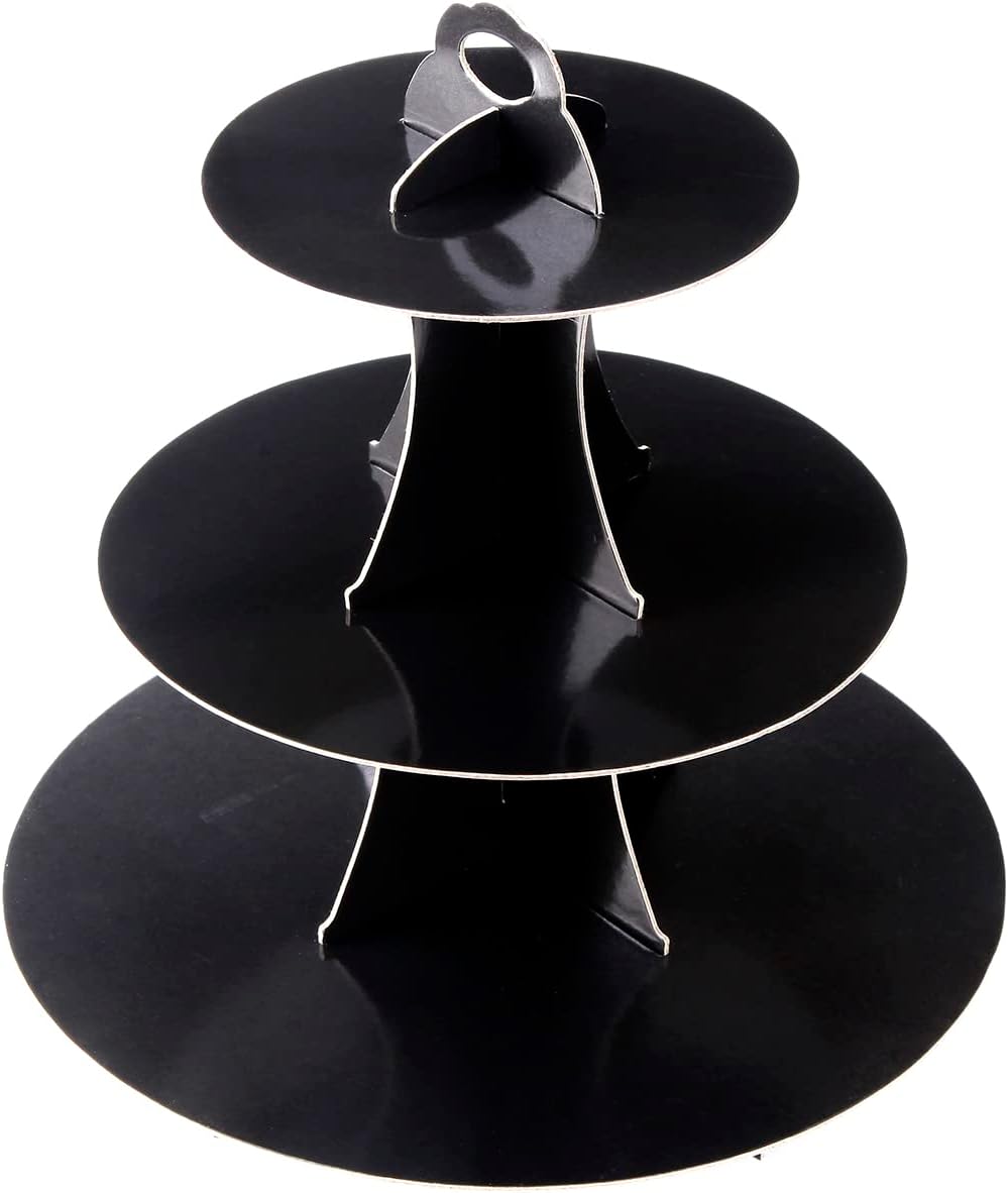 3-Tier Cupcake Stand, Cake Stand holder, Tiered DIY Cupcake Stand Tower for Dessert Table Displays, Birthday Theme Party Favors Decoration, Floral Tea Party, 12" W x 12.8" H, Black