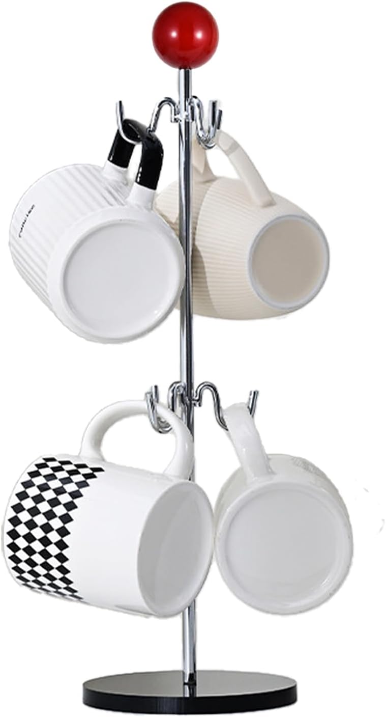 Mug Holder,6 Hooks Coffee Mug Tree for Counter,No Assembly Metal Cup Holder with Stable Acrylic Base,Mug Rack for Coffee Bar Accessories,Red