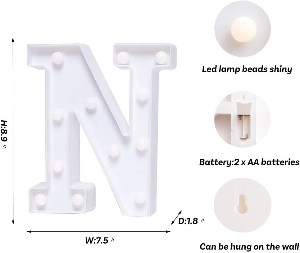 Foaky LED Letter Lights Sign Marquee Light Up Letters Sign for Night Light Wedding/Birthday Party Battery Powered Christmas Lamp Home Bar Decoration(N)