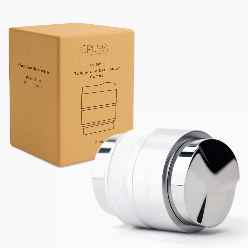 Crema Coffee Products | 45.5mm Coffee Distributor/Leveler & Hand Tamper | Fits Flair Pro and Pro 2 | Double Sided, Adjustable Depth | Beautiful Espresso Hand Tampers(45.5mm)(Silver)