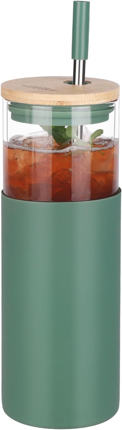 Glass Tumbler w/Lids & Straw: 24 oz Reusable Glass Cup w/Bamboo Lid, Stainless Steel Straws, BPA-Free, Leak-Proof, Dishwasher Safe for Coffee/Smoothies/Hot Beverage, Travel/Office/Home Use, 1-Pk