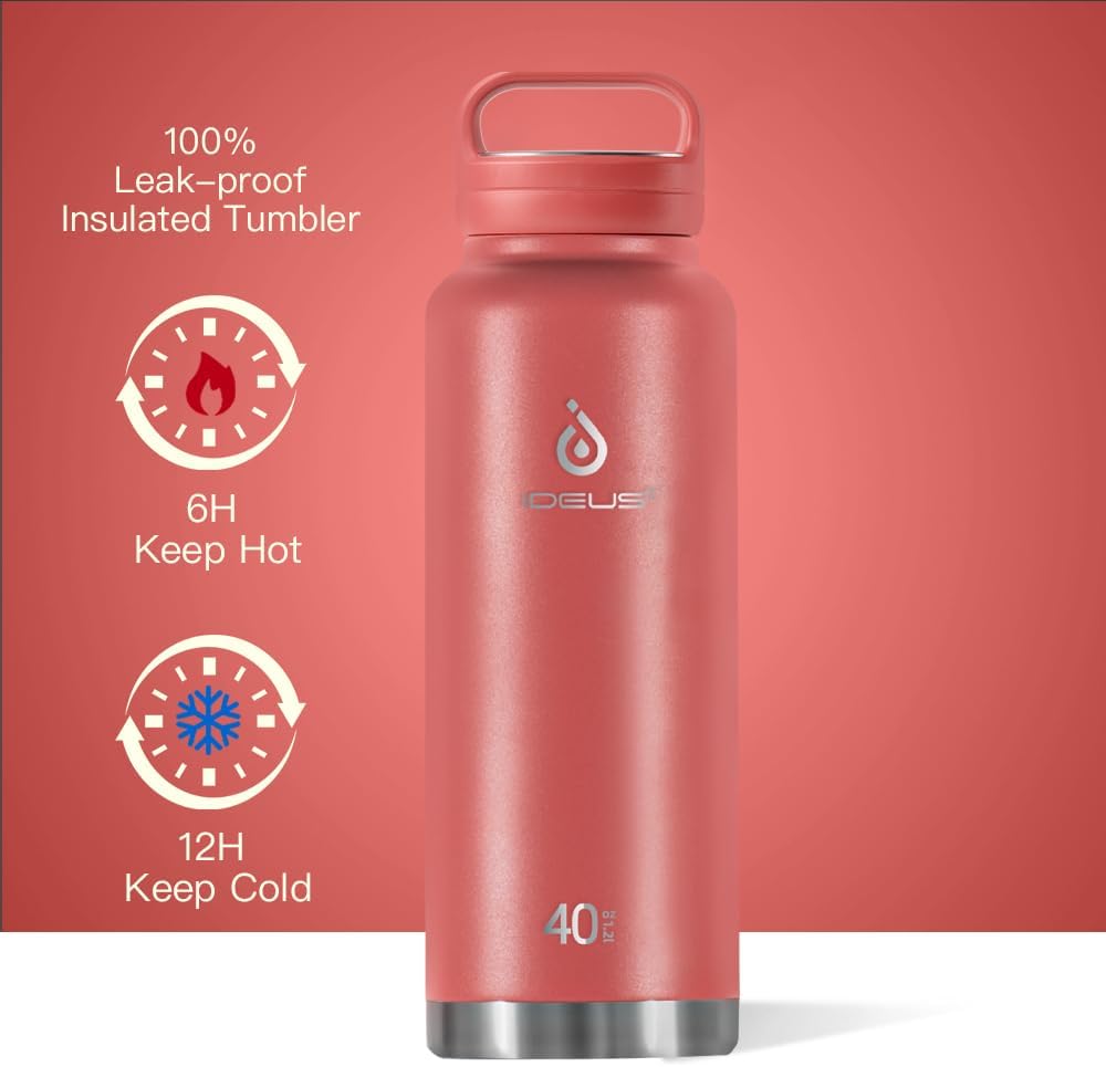 IDEUS Insulated Stainless Steel Water Bottle with 2 Leak-Proof Lids, Thermal Water Flask for Hiking Biking, 40oz, Red
