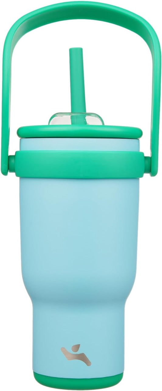 30 oz Tumbler with Side Handle, Insulated Water Bottle with Straw and 2 in 1 Lid, Stainless Steel Cup Travel Coffee Mug for Sports Office Gym,Ice Blue