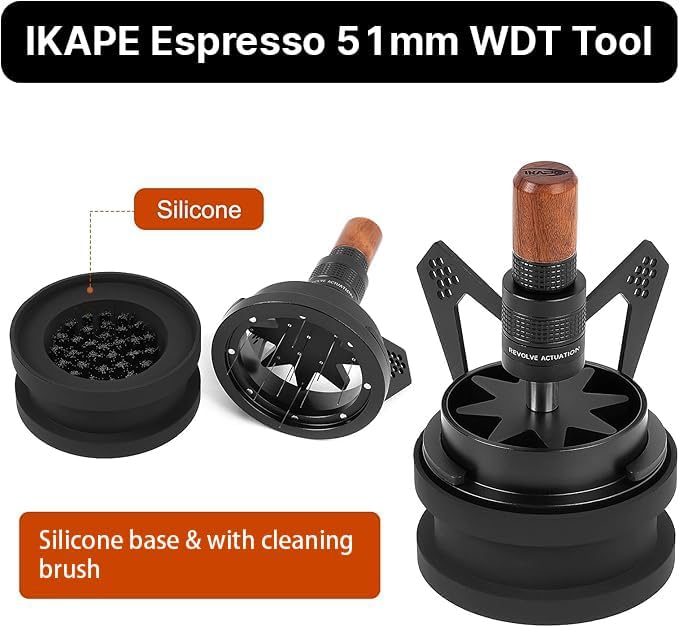 IKAPE Mantis WDT Distribution Tool with Clean Brush, 51mm Espresso Stirrer Distribution Tool for Barista - 8 Needle Espresso Stirrer with Dosing Funnel & Stand, Adjustable Needle Height, Walnut Handle