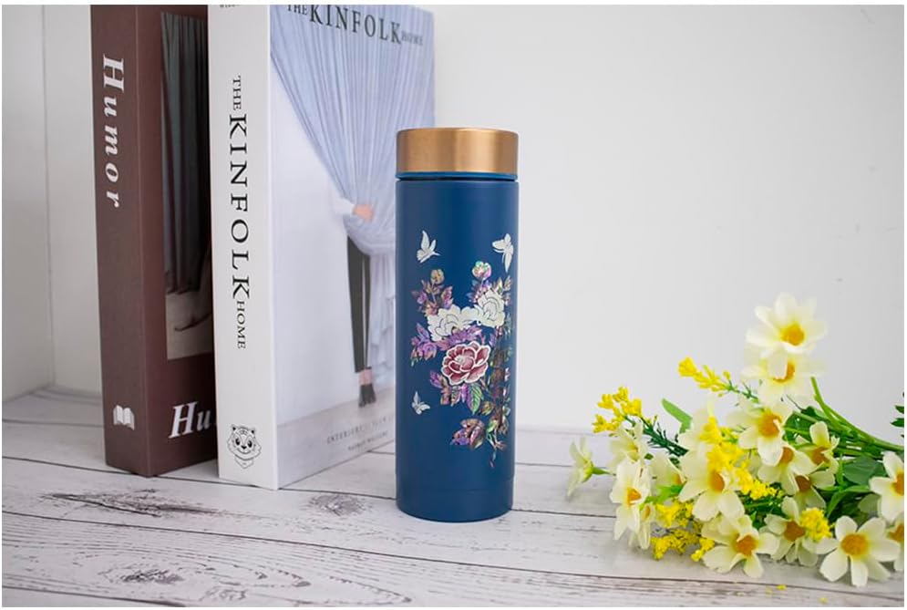 Mother of Pearl Design Stainless Steel Water Bottle 10.1 oz Leakproof Screw Cap Wide Mouth Double Wall Vacuum Insulated Travel Sport Water Flask Thermo Mug (Peony Blue)