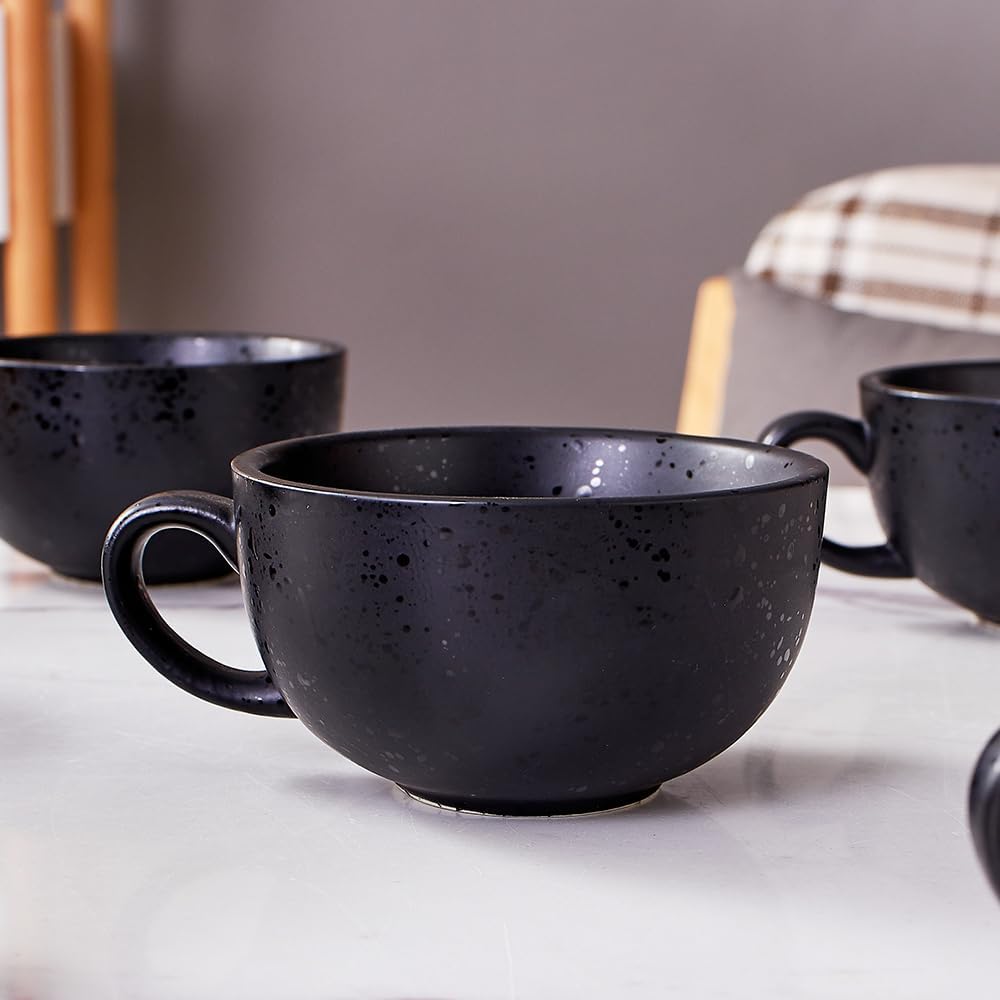 Set of 6 Vintage Design 12 oz Professional Barista Ceramic Latte Art Cappuccino Cups Set (Facular Black * 6)