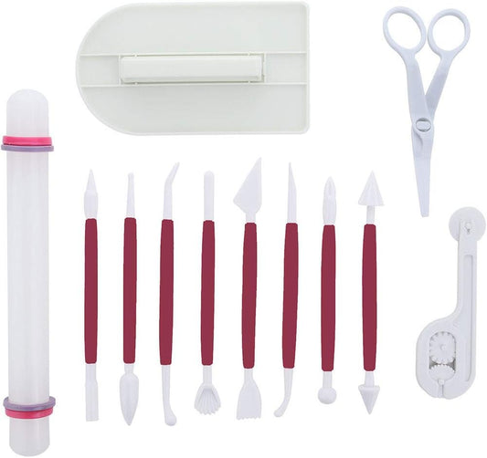 Marshmallow Fondant Cake Decorating Hand Tool 12 Pcs 5 Sets Sugarcraft Gumpaste Icing Smoother Rolling Pin Trimmer Cutter Embosser Flower Scissor Modelling Accessories Supplies Kit Red
