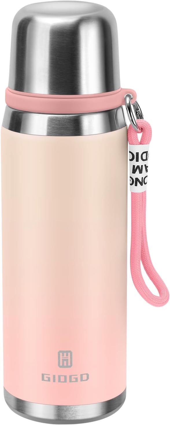 Stainless Steel thermo Bottles with cup 700ml/23.7oz Vacuum Insulated Bottle for hot and cold coffee drink water thermo flask with cup.(Gradient Pink,700ml)
