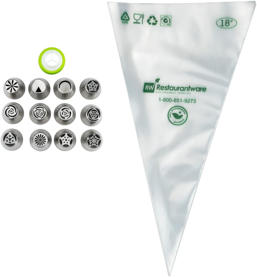 Restaurantware Pastry Tek Russian Piping Tips Set 23 Piece Durable Cake Decorating Kit - 12 Piping Tips 10 Piping Bags Stainless Steel Piping Bags And Tips Set 1 Tri-Color Coupler