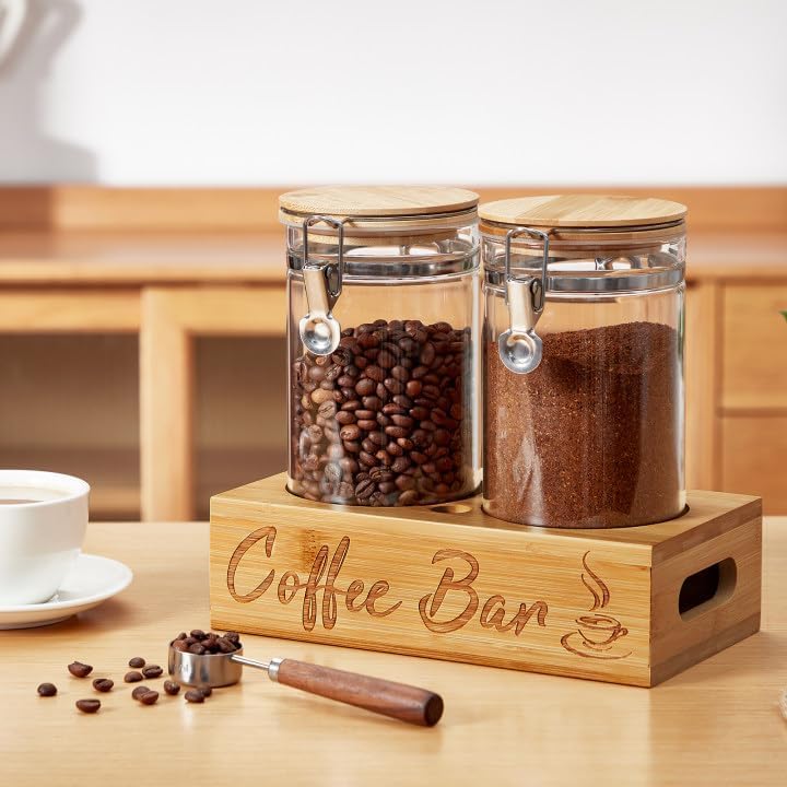 Coffee Canister Set with Shelf, 2 x 50oz Coffee Bean Canister Storage Station Organizer with Airtight Lid for Kitchen, Food Storage with Scoop for Ground, Sugar, Cereal and Tea