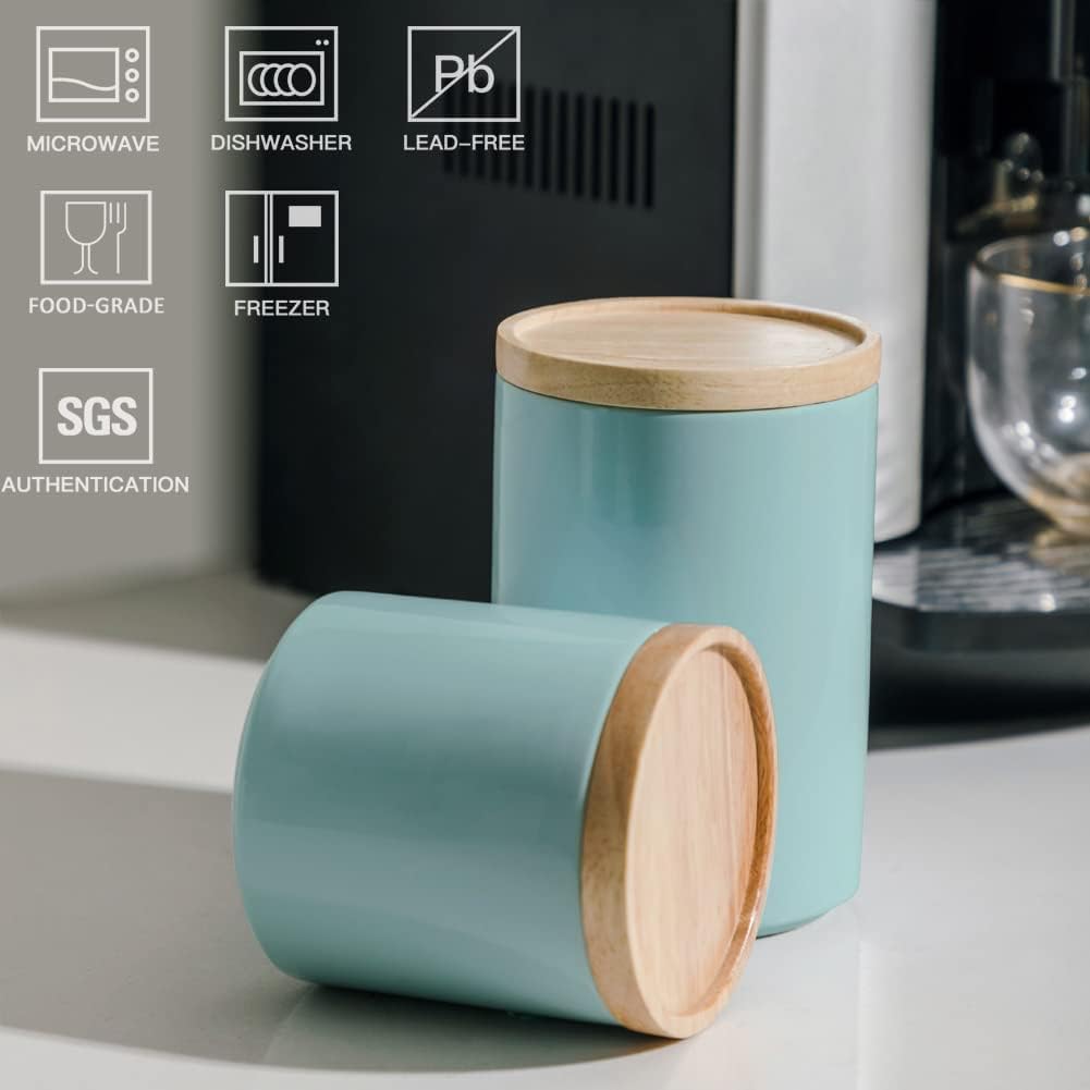 Sweejar Kitchen Canisters Ceramic Food Storage Jar, Stackable Containers with Airtight Seal Wooden Lid for Serving Ground Coffee, Tea, Sugar, Salt and More - 16 Fl Oz (Dark Turquoise)