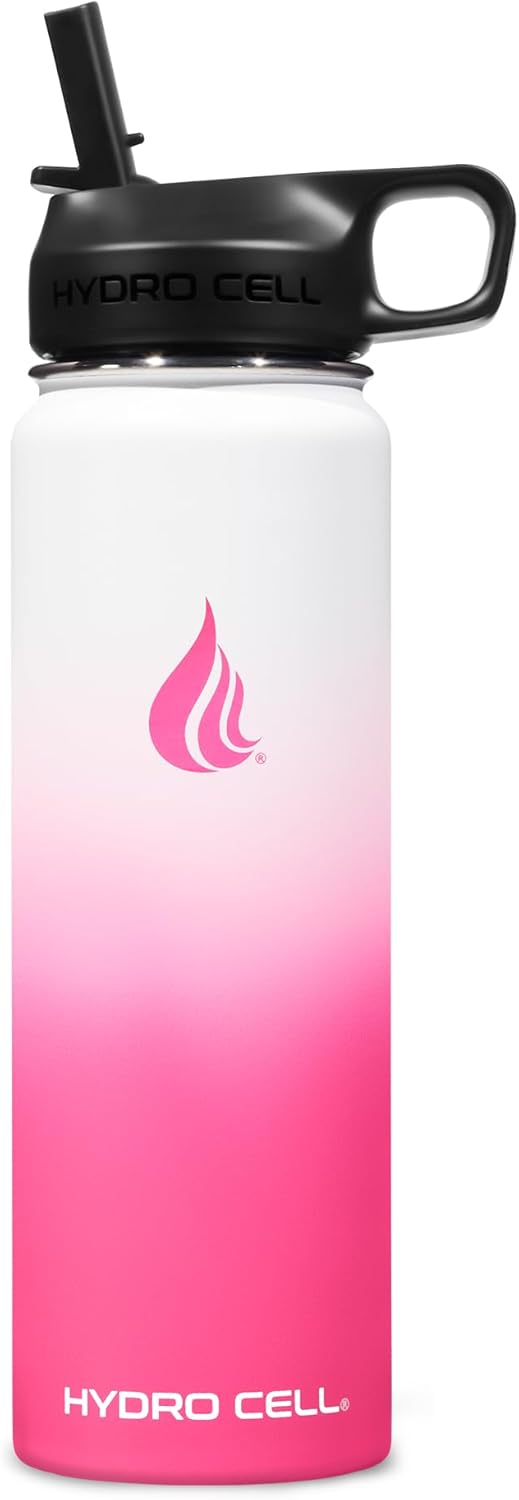 HYDRO CELL Stainless Steel Insulated Water Bottle with Straw - For Cold & Hot Drinks - Metal Vacuum Flask with Screw Cap and Modern Leakproof Sport Thermos for Adults (White/Pink 24oz)