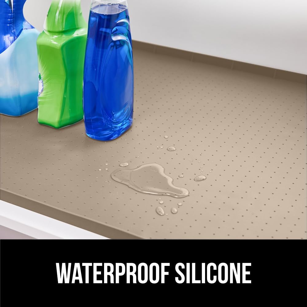 GORILLA GRIP Waterproof Silicone Under Sink Mat with Raised Lip for Kitchen and Bathroom, Cabinet Shelf Liner Stay in Place Mats Dishwasher Safe Drawer Liner, Organizer Tray, 19 x 34 in, Beige