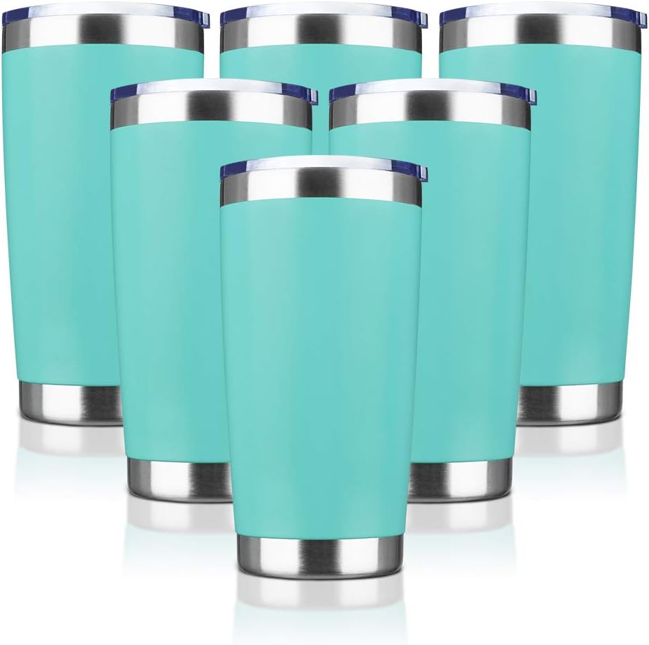 20oz Tumbler Bulk Stainless Steel Vacuum Insulated Tumblers with Lid Double Wall Travel Mug, Powder Coated Coffee Cup, Suitable for Ice Drinks and Hot Beverage (Light blue 6pack)