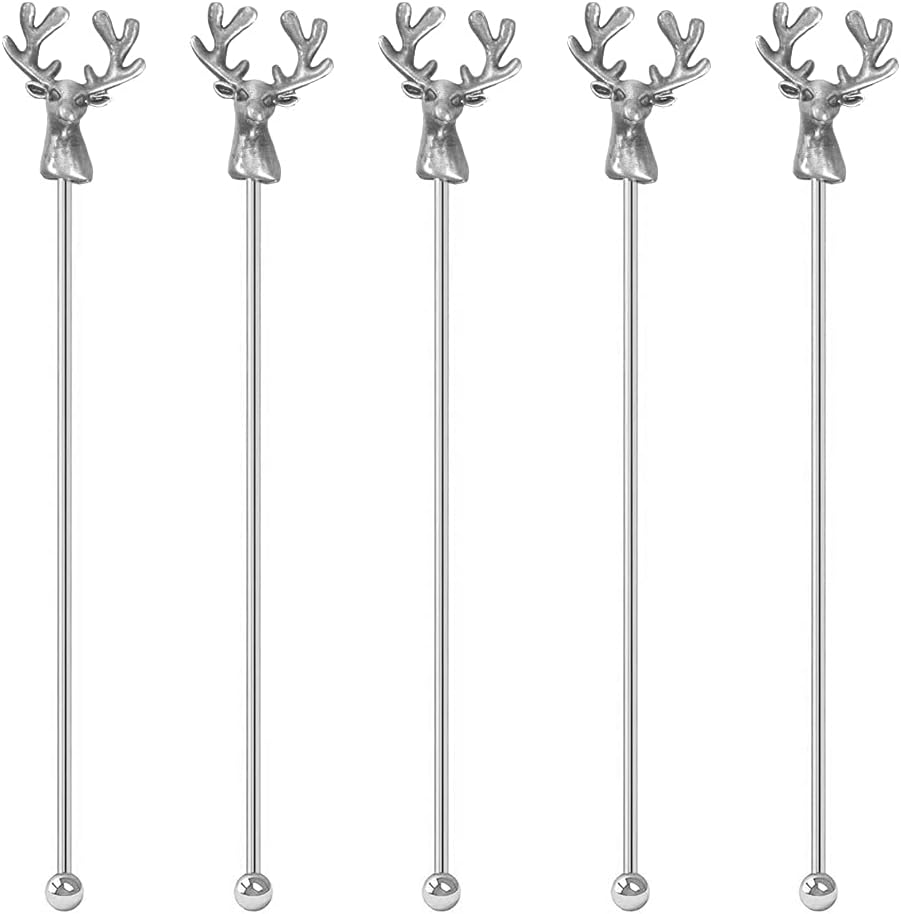 Swizzle Sticks,5 Pcs Stainless Steel Reusable Deer Head Shape Cocktail Stirrer Coffee Beverage Stir Sticks for Cocktail, Whiskey, Hot Cocoa, Creamer (Ancient Silver)