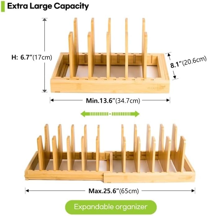 Pots and Pans Organizer under Cabinet, Bamboo Expandable Bakeware and Cutting Board Organizers, Adjustable Pot Lids Holder Rack, Cookie Sheet Baking Pan, Tray Organizer for Kitchen Storage (Natural)