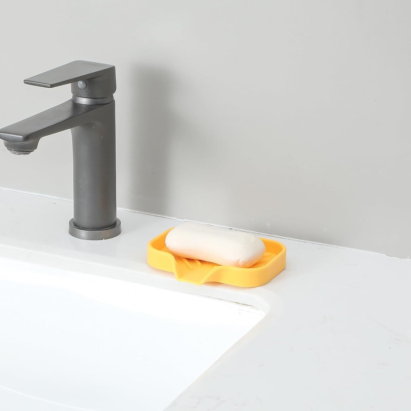 Silicone Bathroom Soap Dishes with Drain Spout-Bathroom and Kitchen Sink Organizer,Sponge Holder,Dish Soap Tray,Perfect for Dispenser,Scrubber,Bottle,Cup on Sink or Counter-Yellow 4.9"×3.2"