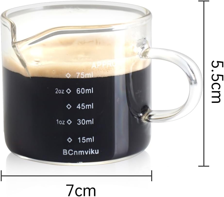 BCnmviku Espresso Glass Measuring Cup Triple Pitcher Milk Cup 75ML Espresso Cups with Handle Espresso Shot Glass with V-Shaped Mouth Clear Accessories Milk Frothing Pitcher (1)