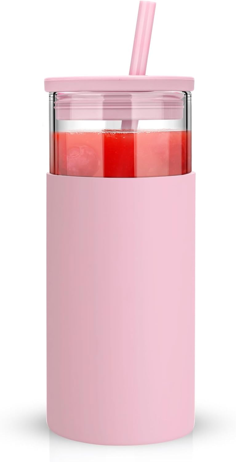 Tronco 20 oz Glass Tumbler With Lids and Straws, Reusable Smoothie Cups With Silicone Lid, Iced Coffee Cup With Silicone Protective Sleeve, Dishwasher Safe- BPA Free（Pink1 Count）
