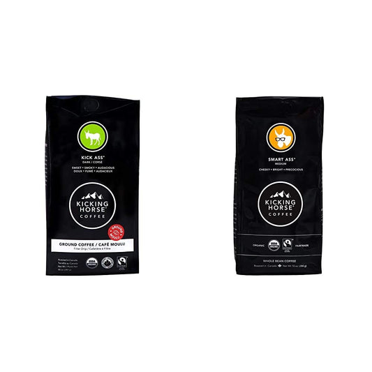 Kicking Horse Coffee Kick Ass Dark Roast Ground (10 Oz) and Smart Ass Medium Roast Whole Bean (10 oz) Bundle