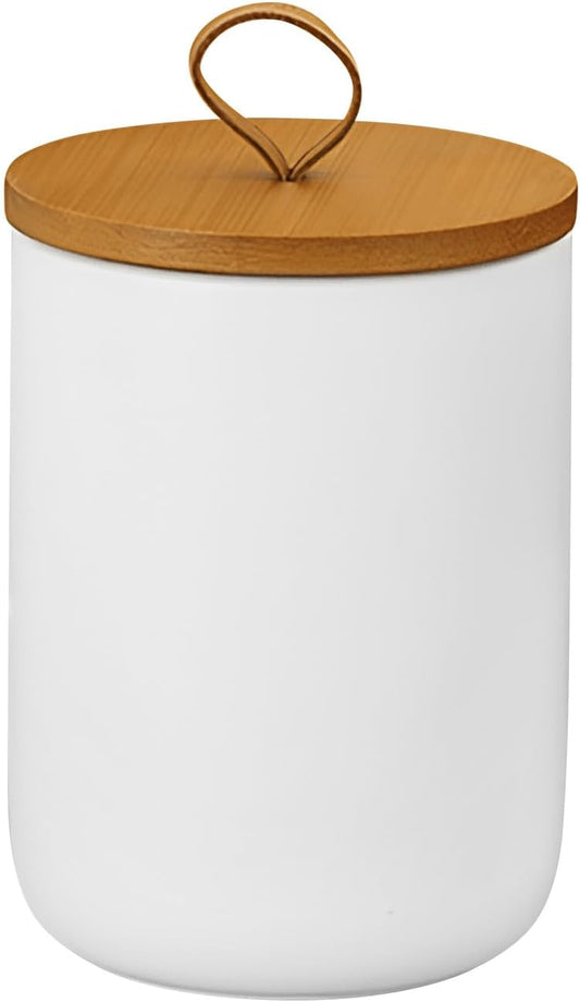 Ceramic Storage Jars, Modern Elegant Highly Polished Airtight Gorgeous Storage Canisters with Wooden Lid Small Food Stroage Jar for Kitchen Spice Tea Vanilla Sugar Coffee Beans (White medium)